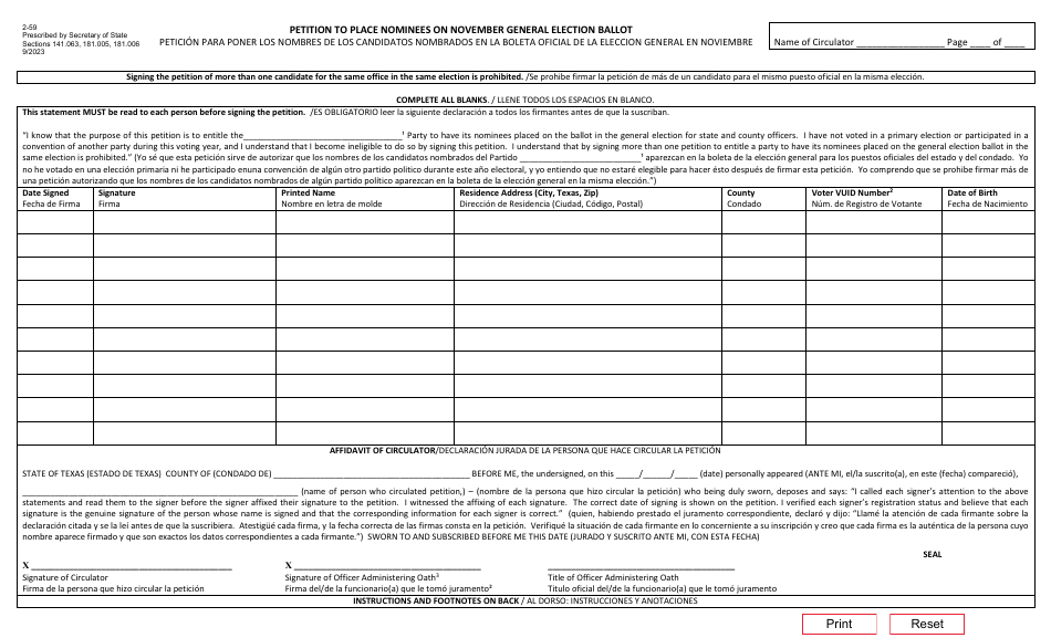 Form 2-59 Petition to Place Nominees on November General Election Ballot - Texas (English / Spanish), Page 1