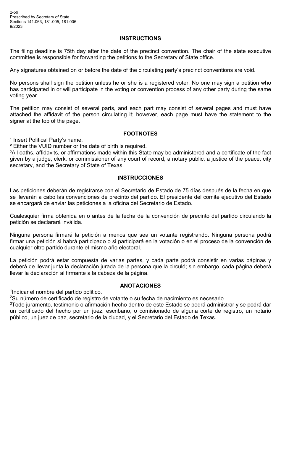 Form 2-59 Petition to Place Nominees on November General Election Ballot - Texas (English / Spanish), Page 2