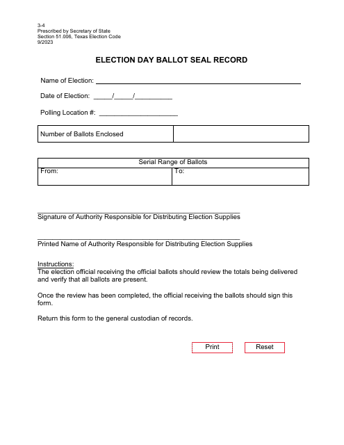 Form 3-4 Election Day Ballot Seal Record - Texas