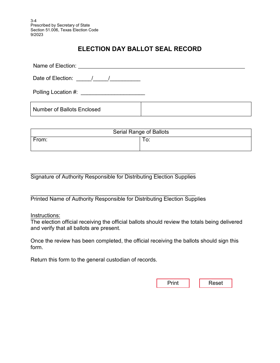 Form 3-4 Election Day Ballot Seal Record - Texas, Page 1