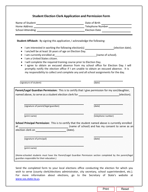 Form 4-21 Student Election Clerk Application and Permission Form - Texas