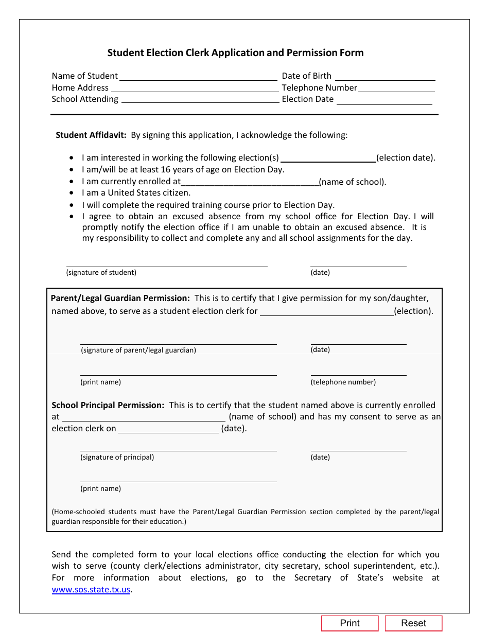 Form 4-21 Student Election Clerk Application and Permission Form - Texas, Page 1