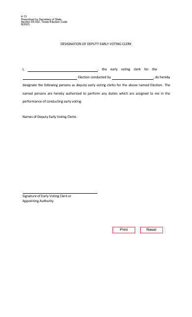 Form 4-13 Designation of Deputy Early Voting Clerk - Texas