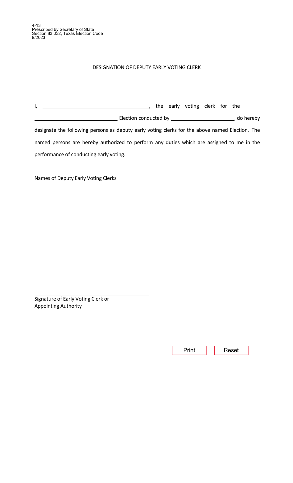 Form 4-13 Designation of Deputy Early Voting Clerk - Texas, Page 1