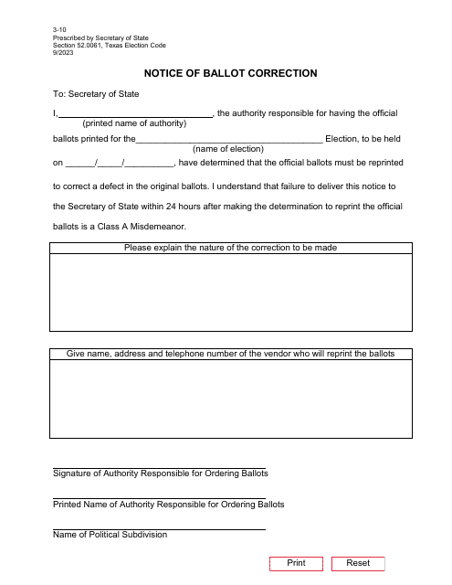 Form 3-10 Notice of Ballot Correction - Texas