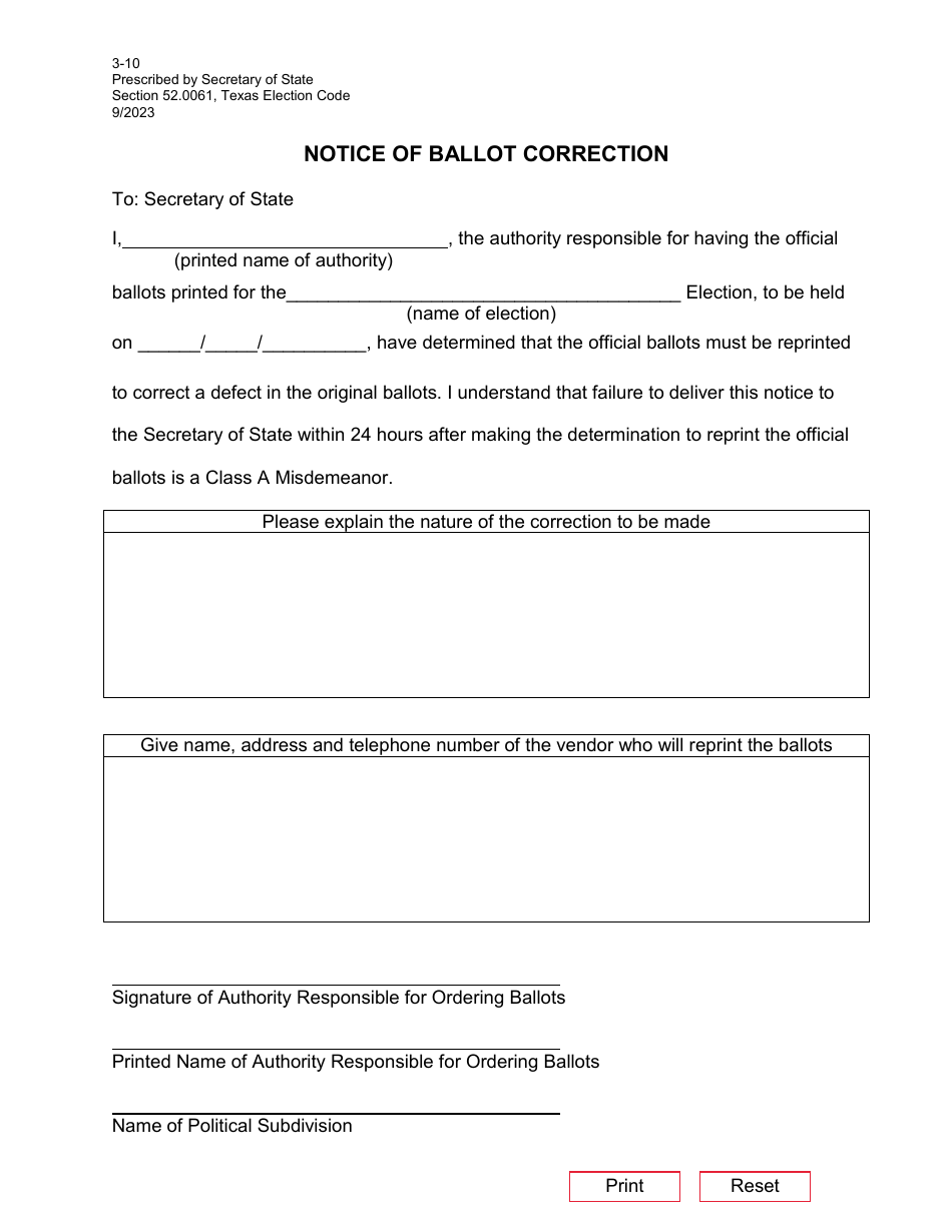 Form 3-10 Notice of Ballot Correction - Texas, Page 1