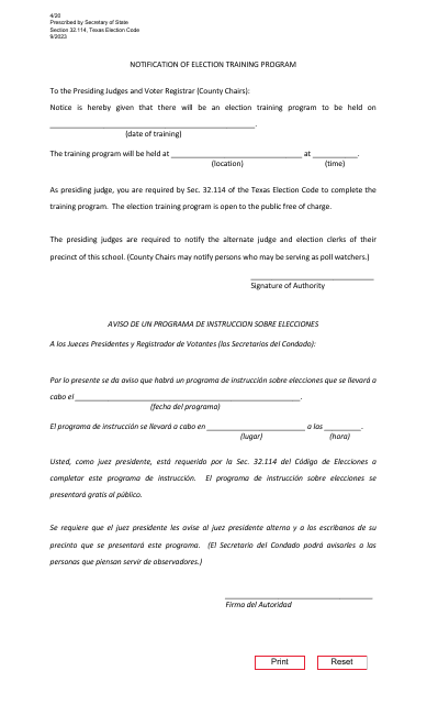 Form 4-20 Notification of Election Training Program - Texas (English/Spanish)