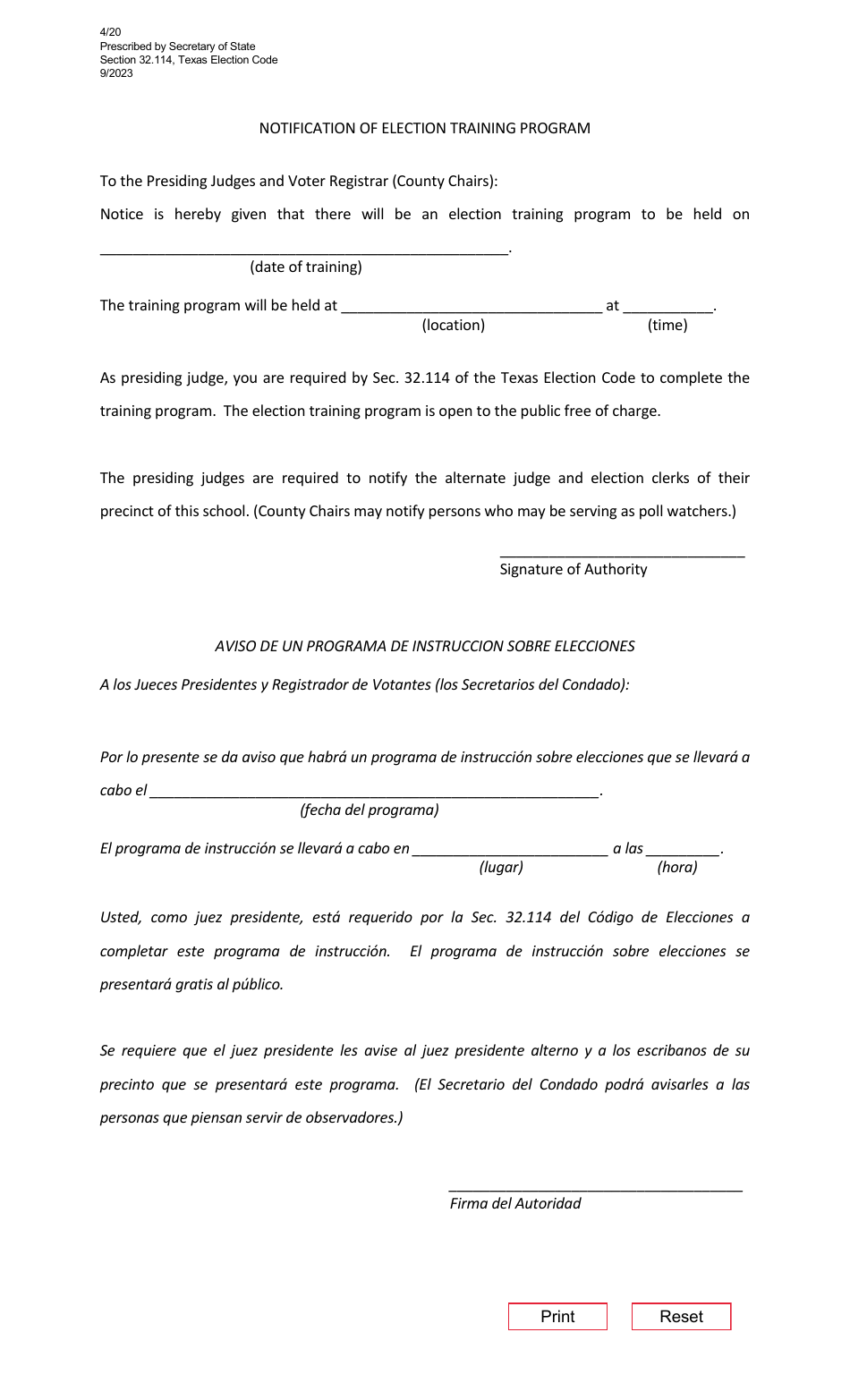 Form 4-20 Notification of Election Training Program - Texas (English / Spanish), Page 1