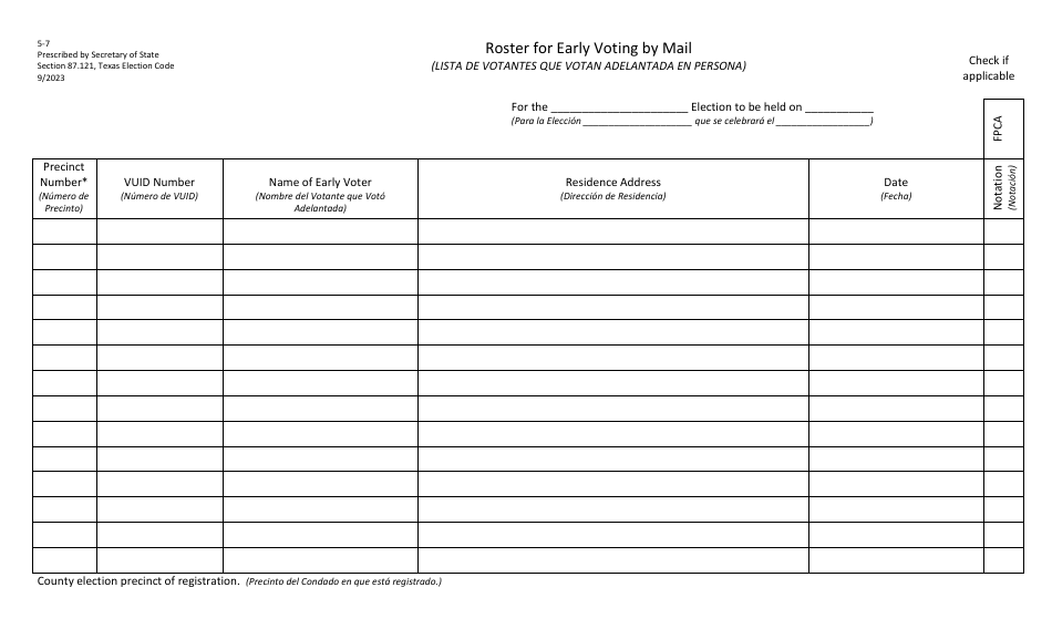 Form 5-7 Roster for Early Voting by Mail - Texas (English / Spanish), Page 1