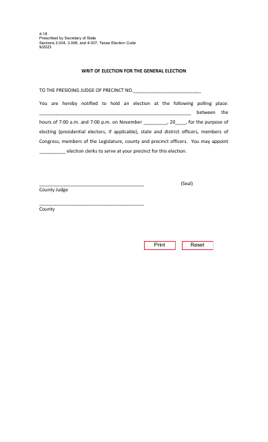 Form 4-18 Writ of Election for the General Election - Texas