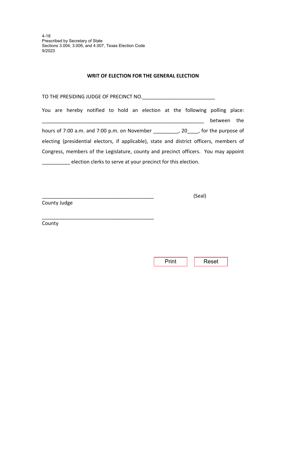 Form 4-18 Writ of Election for the General Election - Texas, Page 1