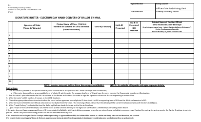 Document preview: Form 5-9 Signature Roster - Election Day Hand-Delivery of Ballot by Mail - Texas