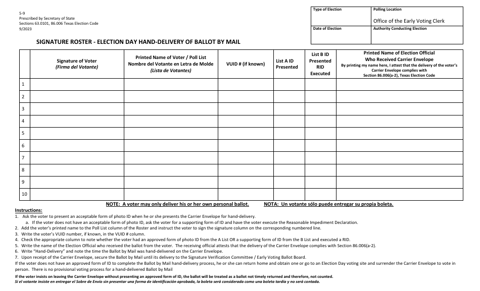 Form 5-9 Signature Roster - Election Day Hand-Delivery of Ballot by Mail - Texas, Page 1