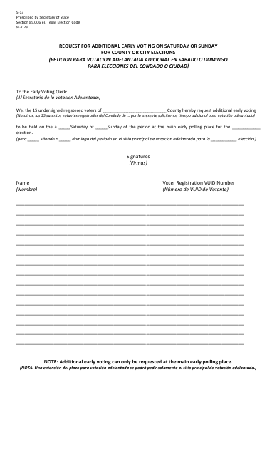 Form 5-13 Request for Additional Early Voting on Saturday or Sunday for County or City Elections - Texas (English/Spanish)