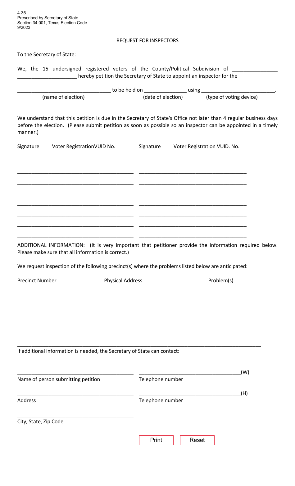 Form 4-35 Request for Inspectors - Texas (English / Spanish), Page 1