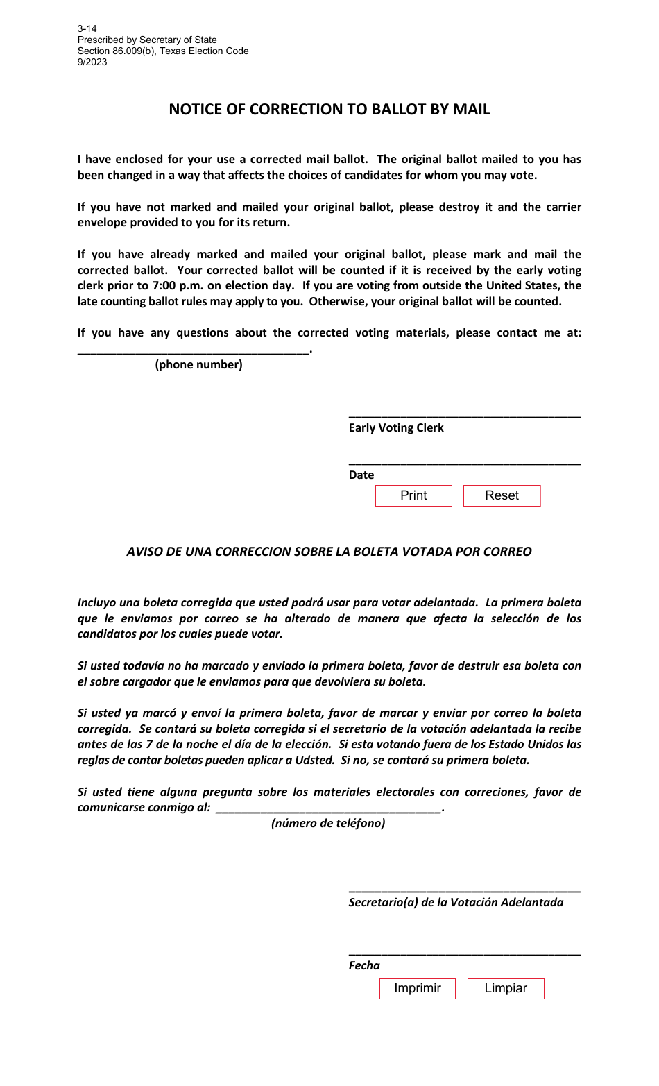 Form 3-14 Notice of Correction to Ballot by Mail - Texas (English / Spanish), Page 1