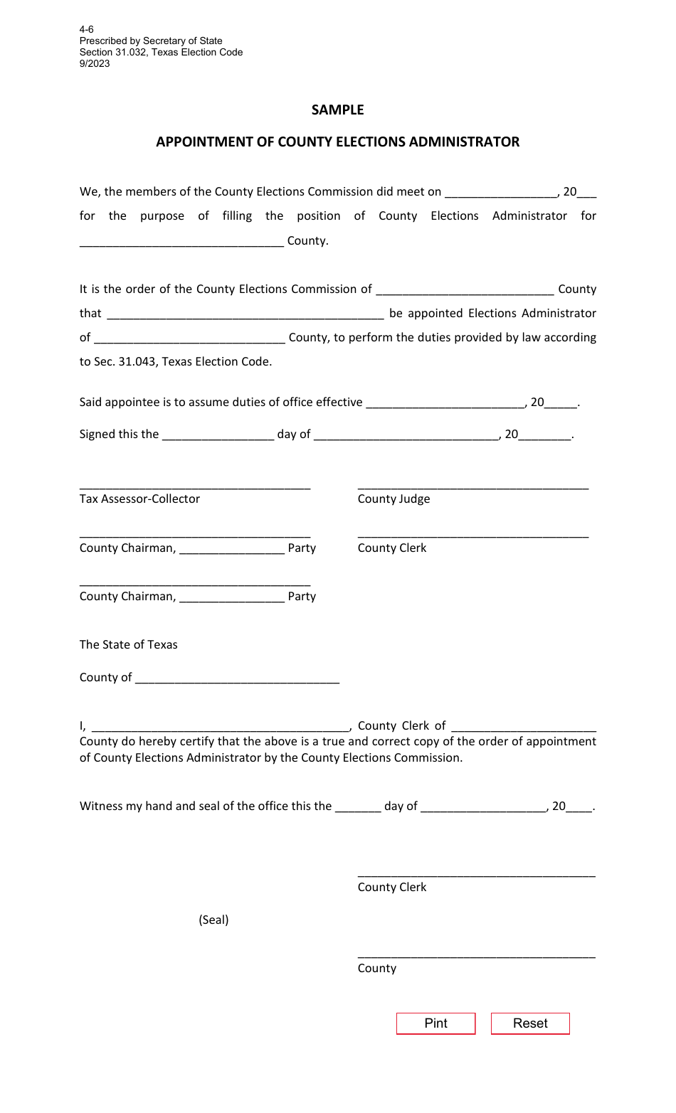 Form 4-6 Appointment of County Elections Administrator - Texas, Page 1