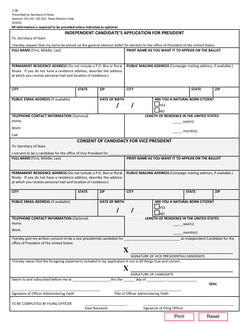 Form 2-38 Independent Candidate's Application for President - Texas