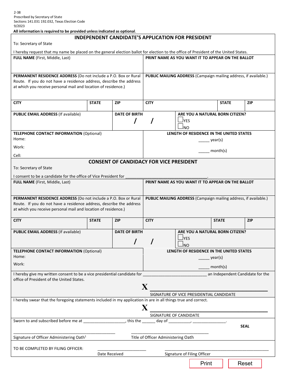 Form 2-38 Independent Candidates Application for President - Texas, Page 1