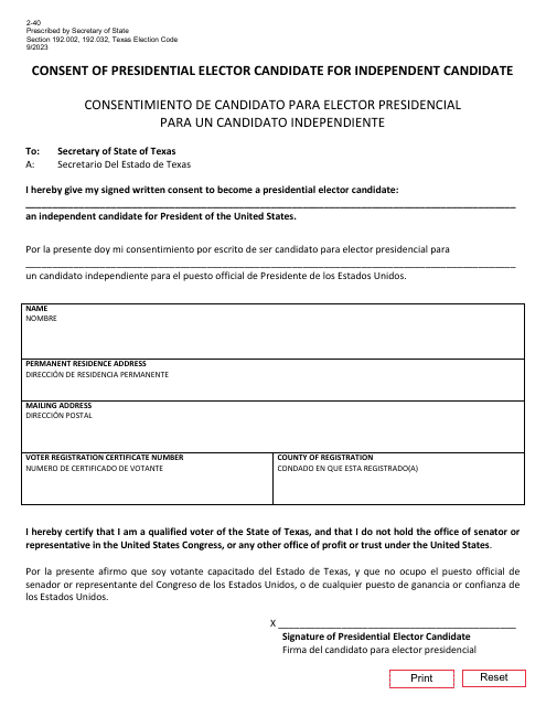 Form 2-40 Consent of Presidential Elector Candidate for Independent Candidate - Texas (English/Spanish)