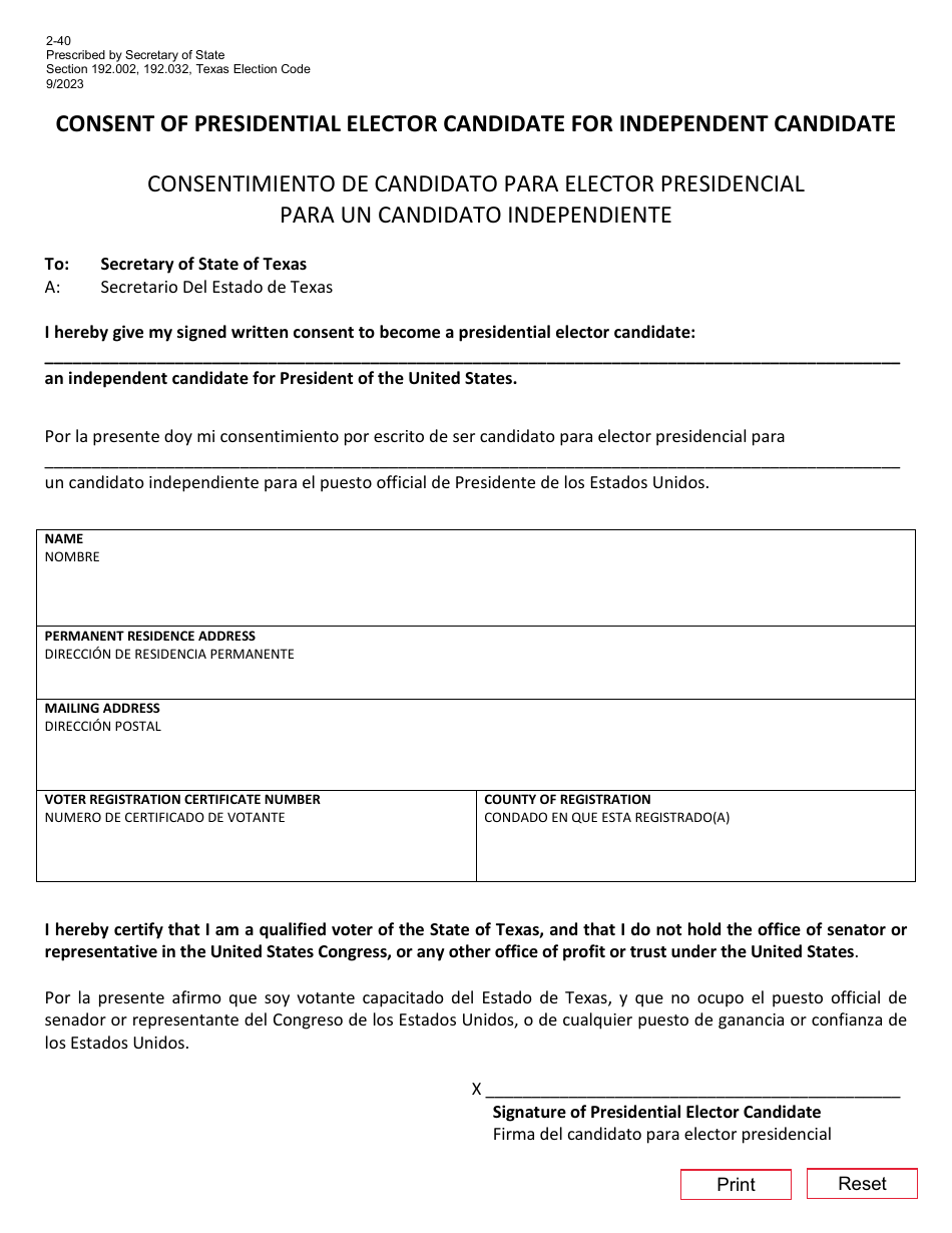 Form 2-40 Consent of Presidential Elector Candidate for Independent Candidate - Texas (English / Spanish), Page 1