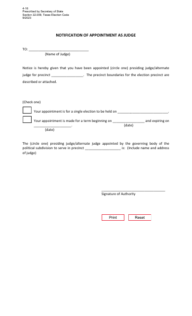Form 4-16 Notification of Appointment as Judge - Texas