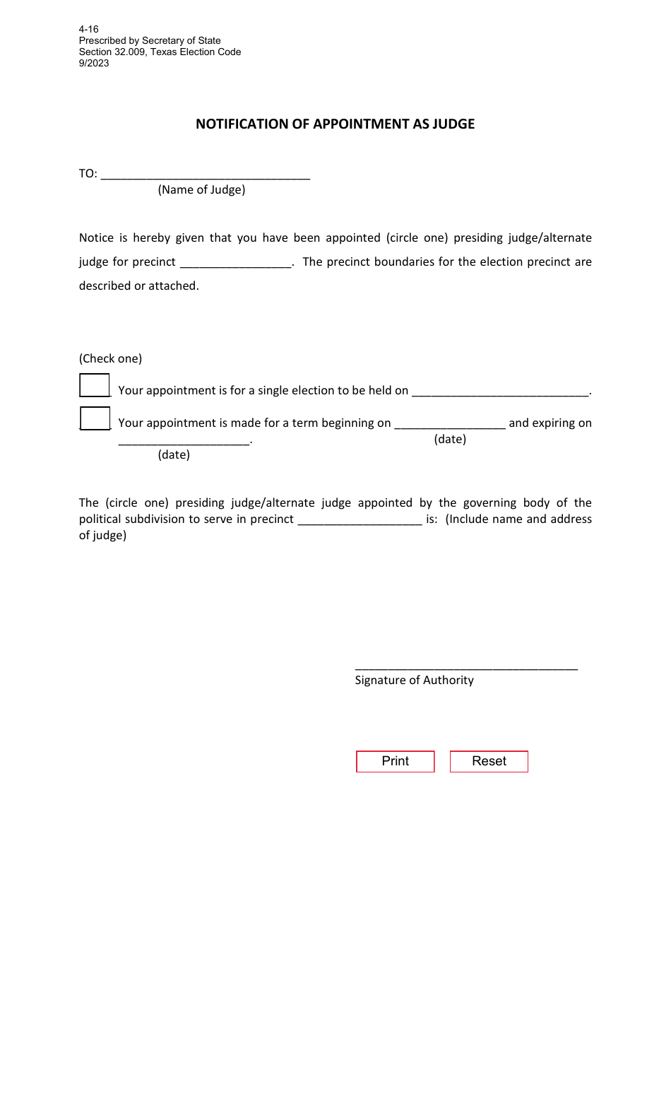 Form 4-16 Notification of Appointment as Judge - Texas, Page 1