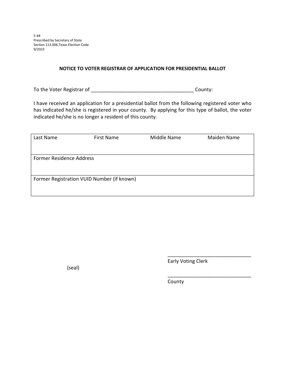 Form 5-44 Notice to Voter Registrar of Application for Presidential Ballot - Texas, Page 1