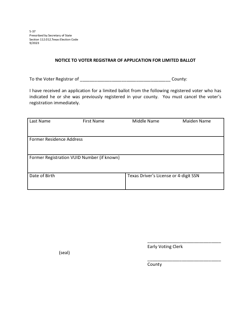 Form 5-37 Notice to Voter Registrar of Application for Limited Ballot - Texas