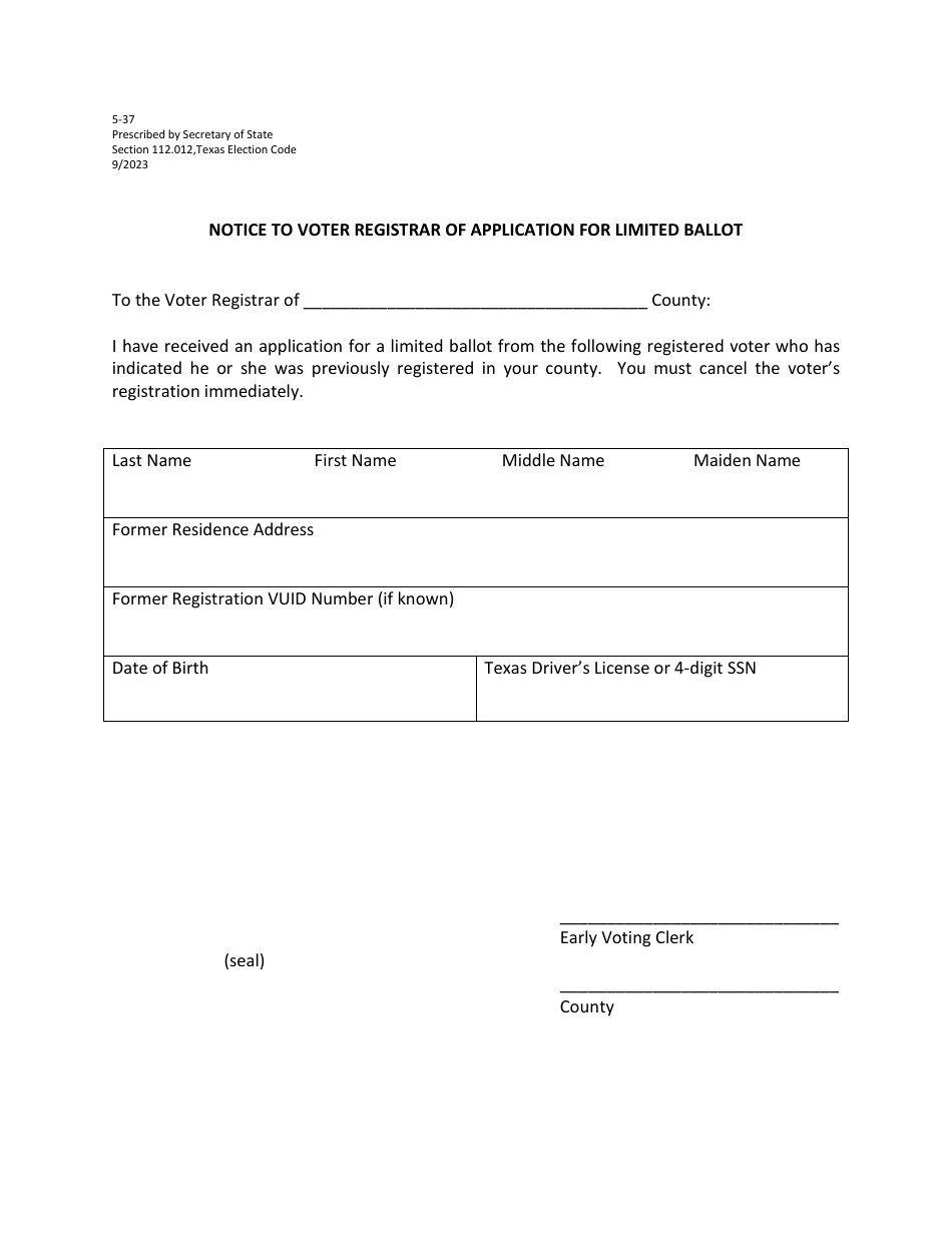Form 5-37 - Fill Out, Sign Online and Download Printable PDF, Texas | Templateroller
