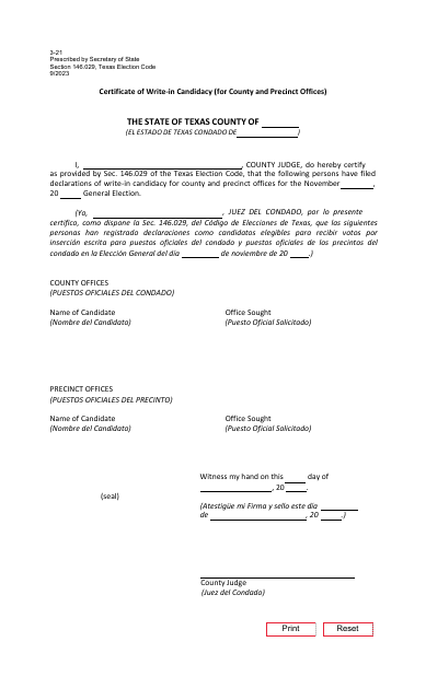 Form 3-21 Certificate of Write-In Candidacy (For County and Precinct Offices) - Texas (English/Spanish)