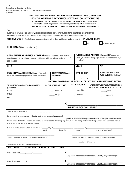 Form 2-32 Declaration of Intent to Run as an Independent Candidate for the General Election for State and County Officers - Texas