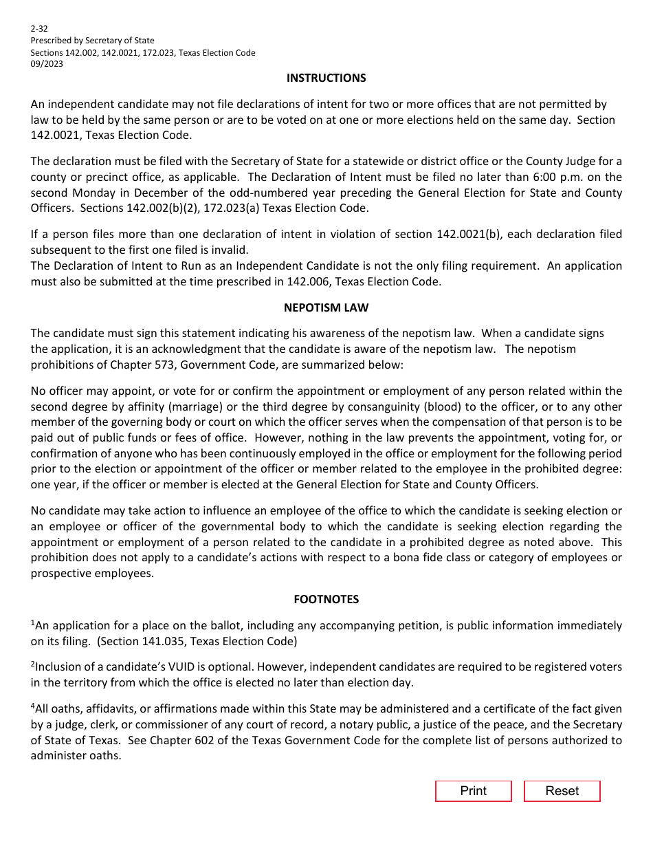 Form 2-32 Declaration of Intent to Run as an Independent Candidate for the General Election for State and County Officers - Texas, Page 2