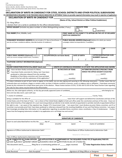 Form 2-55 Declaration of Write-In Candidacy for Cities, School Districts and Other Political Subdivisions - Texas (English/Spanish)
