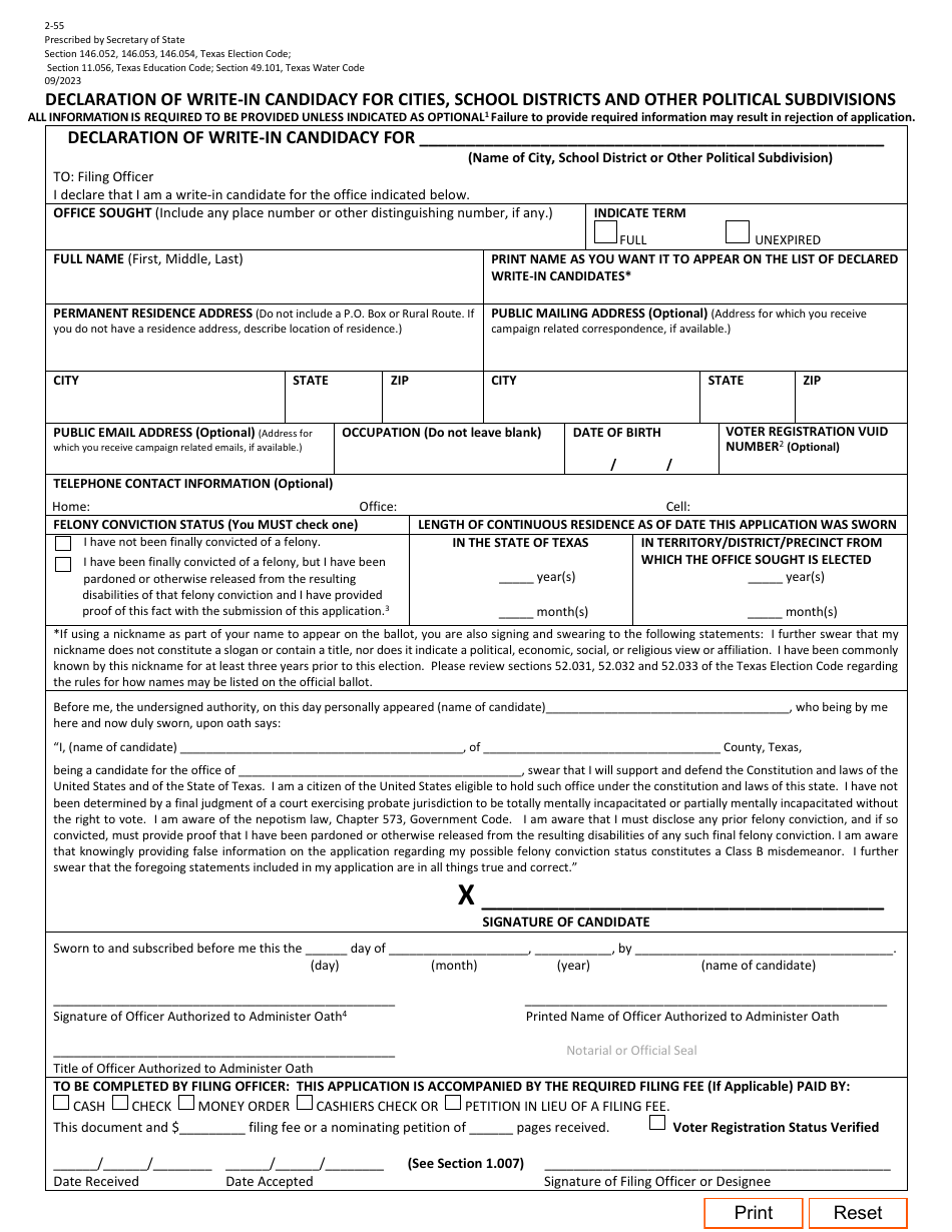 Form 2-55 Declaration of Write-In Candidacy for Cities, School Districts and Other Political Subdivisions - Texas (English / Spanish), Page 1