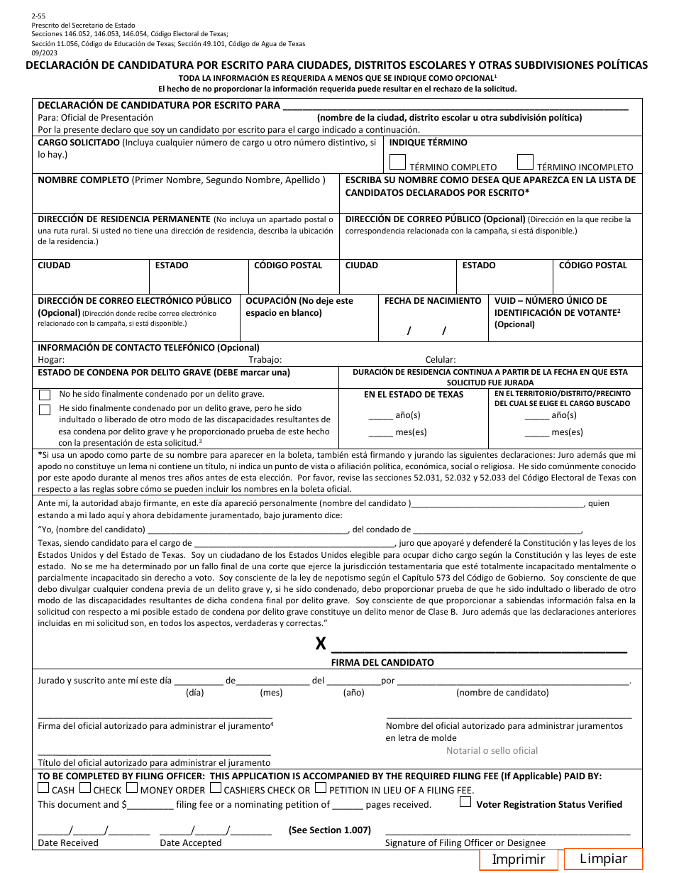 Form 2-55 Declaration of Write-In Candidacy for Cities, School Districts and Other Political Subdivisions - Texas (English / Spanish), Page 3