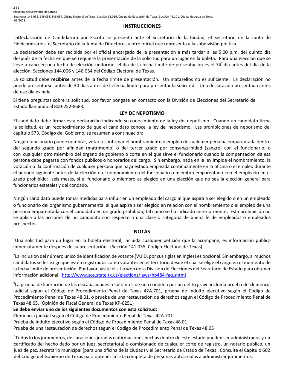 Form 2-55 Declaration of Write-In Candidacy for Cities, School Districts and Other Political Subdivisions - Texas (English / Spanish), Page 4