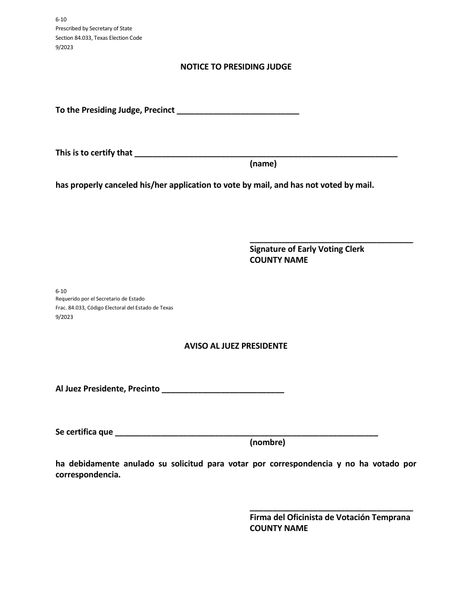 Form 6-10 Notice to Presiding Judge - Texas (English / Spanish), Page 1