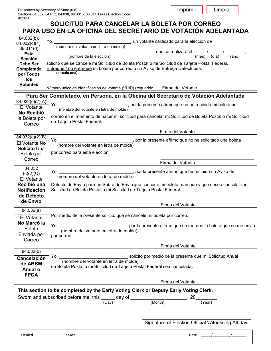 Formulario 6-6 Solicitud Para Cancelar La Boleta Por Correo Para Uso En La Oficina Del Secretario De Votacion Adelantada - Texas (Spanish), Page 1