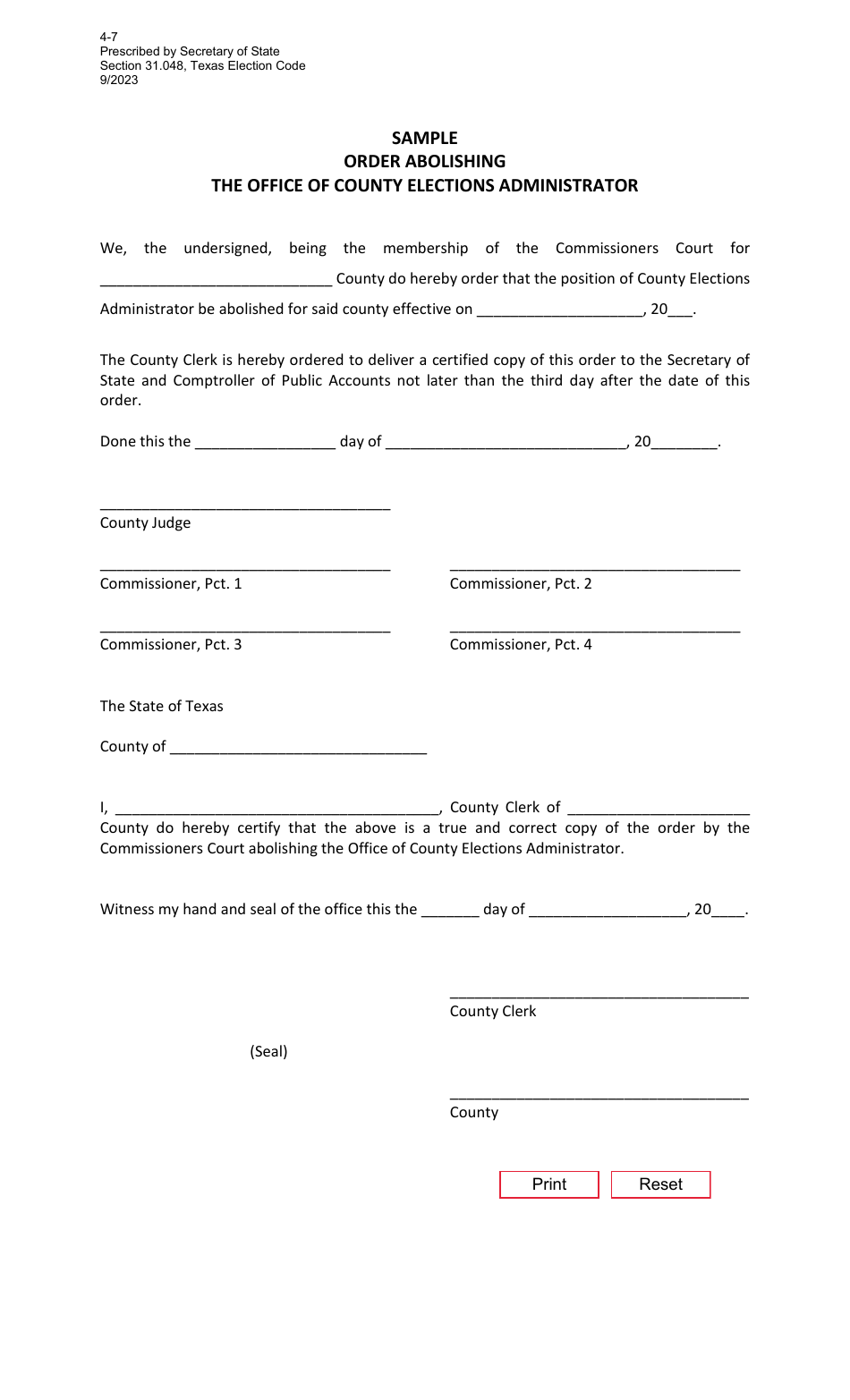Form 4-7 Order Abolishing the Office of County Elections Administrator - Texas, Page 1