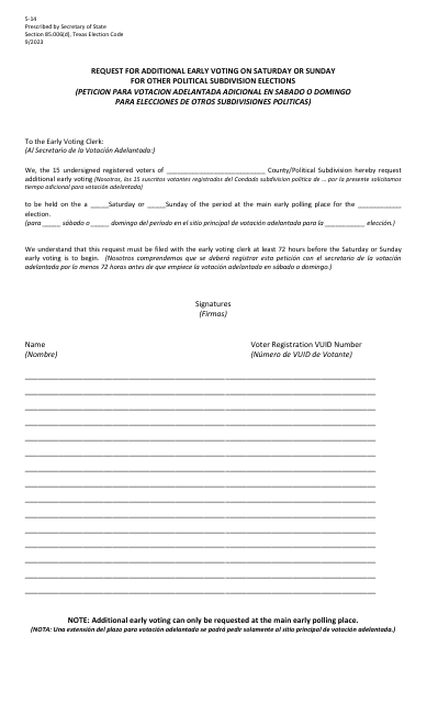 Form 5-14 Request for Additional Early Voting on Saturday or Sunday for Other Political Subdivision Elections - Texas (English/Spanish)