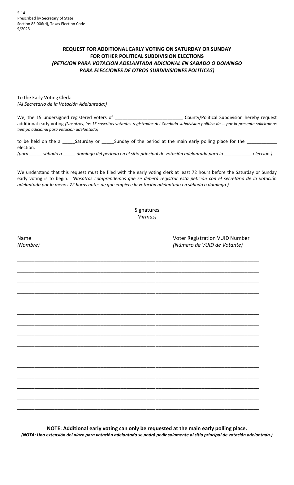Form 5-14 Request for Additional Early Voting on Saturday or Sunday for Other Political Subdivision Elections - Texas (English / Spanish), Page 1