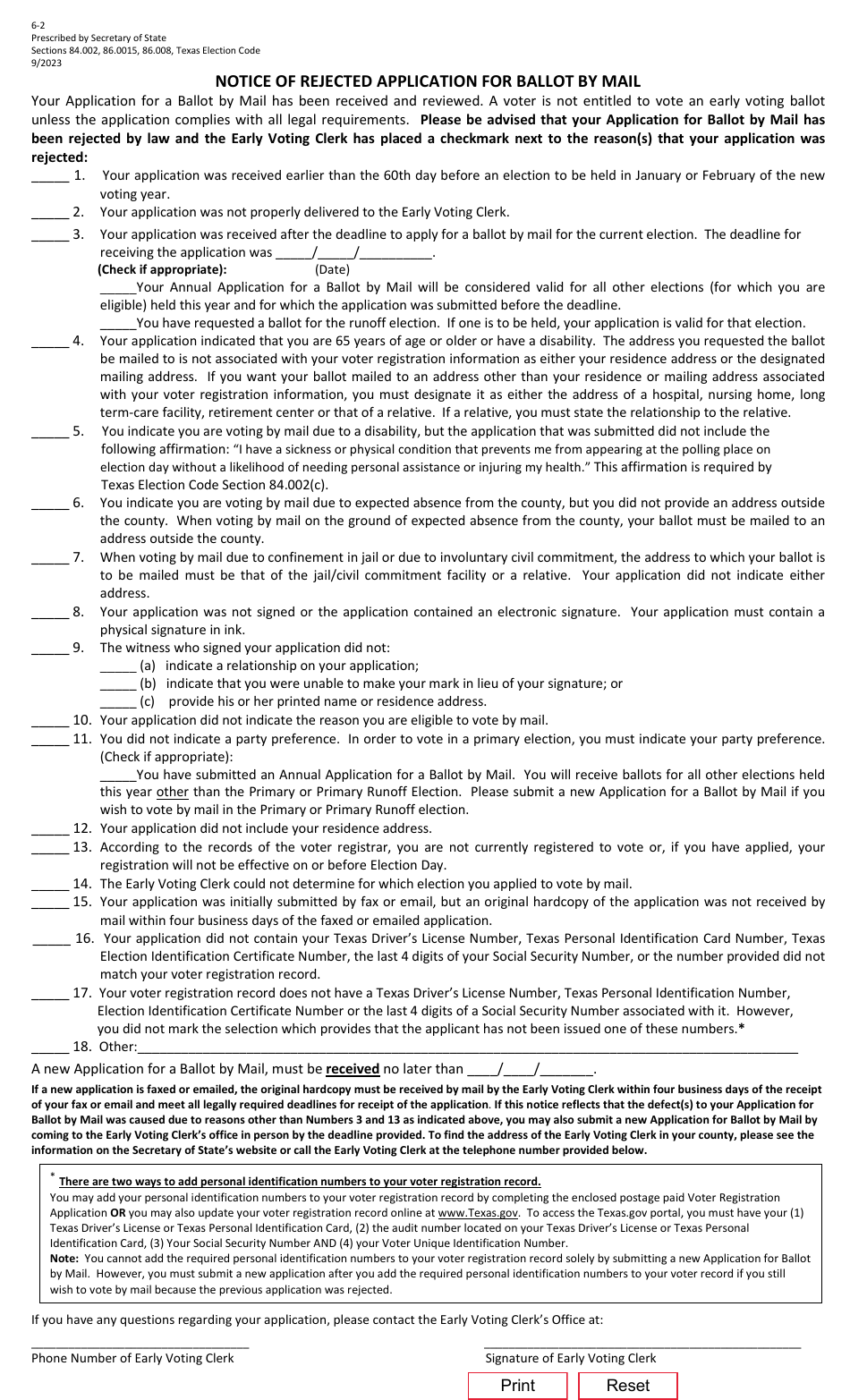 Form 6-2 Notice of Rejected Application for Ballot by Mail - Texas (English / Spanish), Page 1