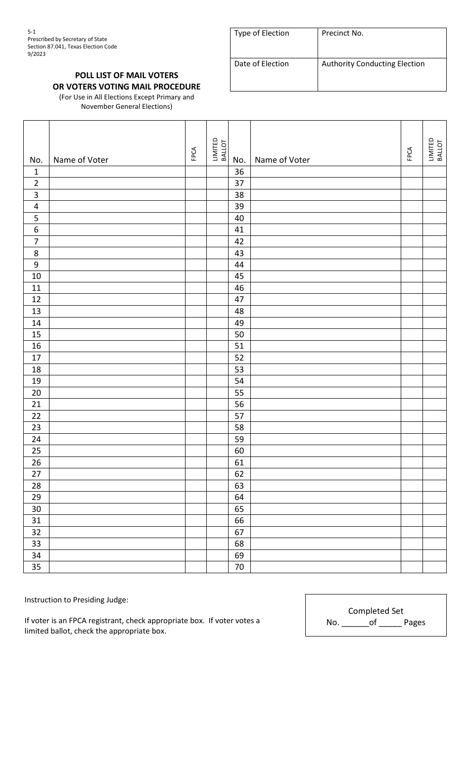 Form 5-1 Poll List of Mail Voters or Voters Voting Mail Procedure (For Use in All Elections Except Primary and November General Elections) - Texas, Page 1