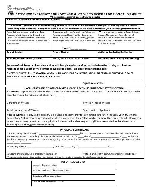 Form 5-32 Application for Emergency Early Voting Ballot Due to Sickness or Physical Disability - Texas