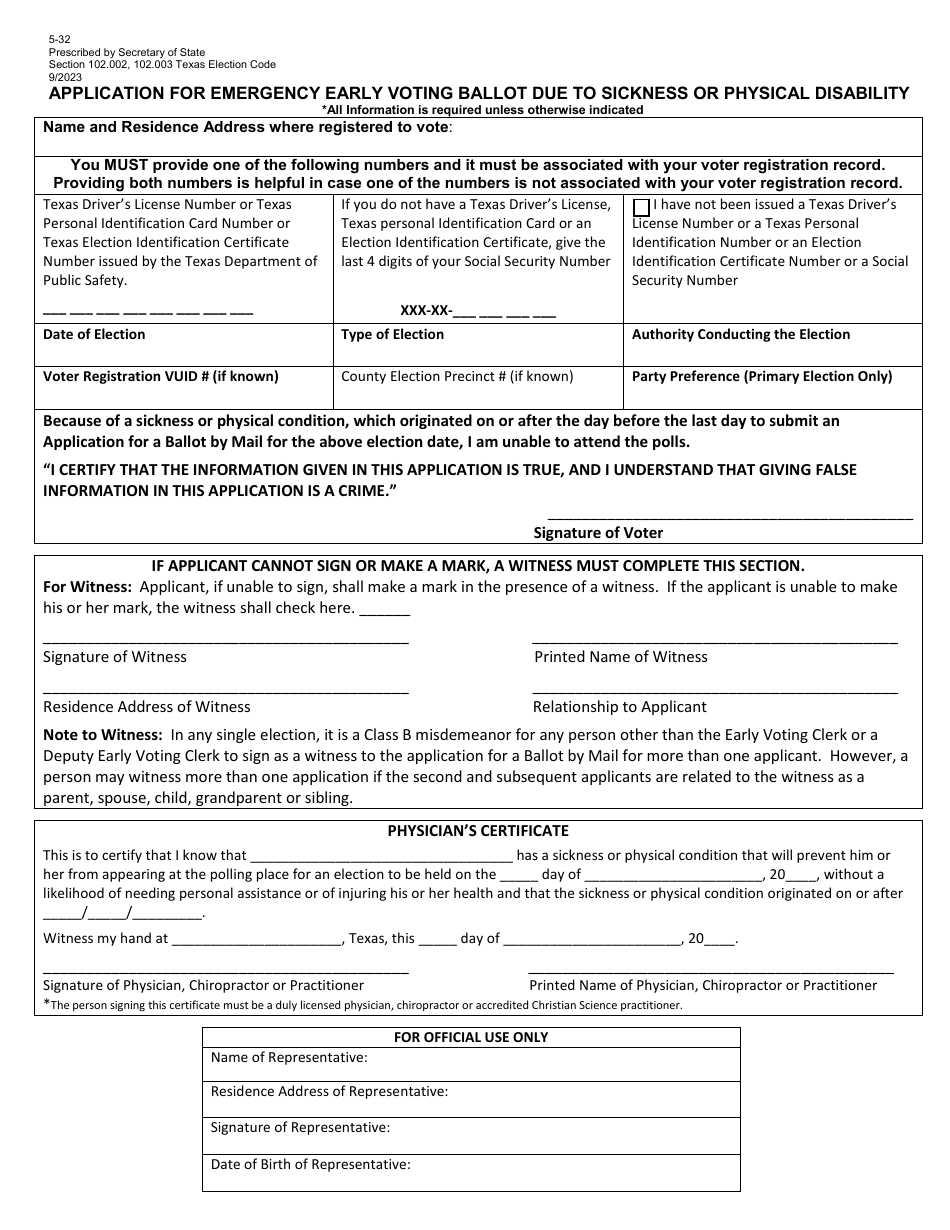 Form 5-32 Application for Emergency Early Voting Ballot Due to Sickness or Physical Disability - Texas, Page 1