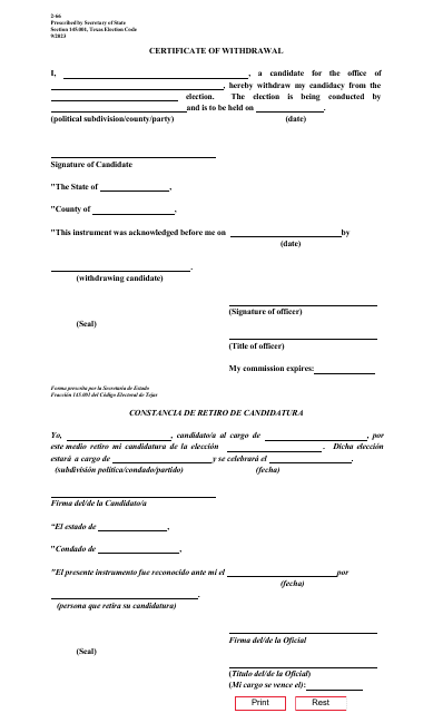 Form 2-66 Certificate of Withdrawal - Texas (English/Spanish)