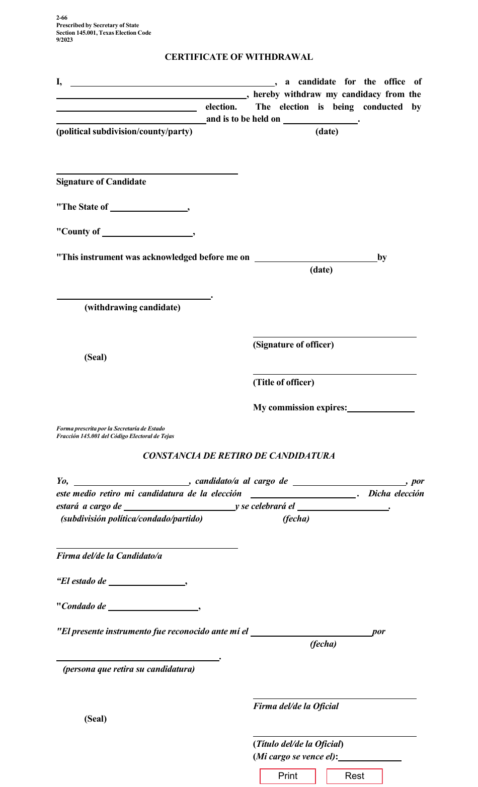 Form 2-66 Certificate of Withdrawal - Texas (English / Spanish), Page 1