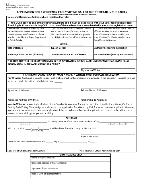 Form 5-28 Application for Emergency Early Voting Ballot Due to Death in the Family - Texas