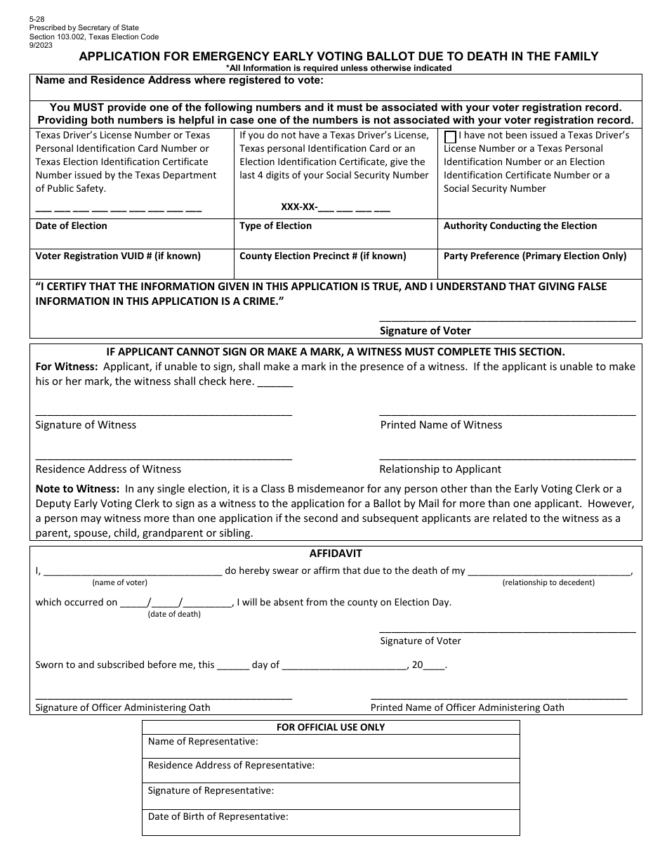 Form 5-28 Application for Emergency Early Voting Ballot Due to Death in the Family - Texas, Page 1